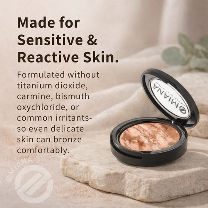 Open makeup compact with text about sensitive and reactive skin formulation on a neutral background